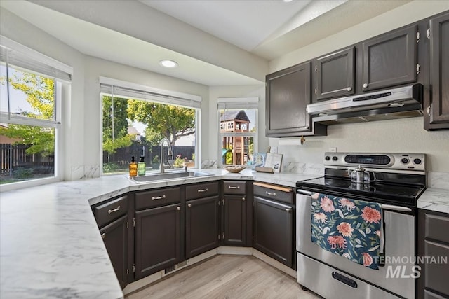1722 W Mcglinchey St, Meridian, ID 83646 - kitchen featuring stainless steel electric stove, under cabinet range hood, healthy amount of natural light, light wood-style flooring, and lofted ceiling