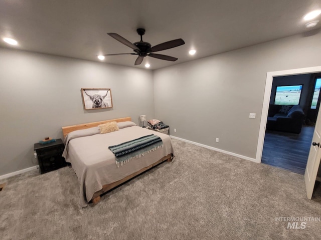 bedroom featuring carpet flooring and ceiling fan