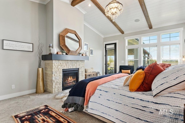 bedroom with carpet, vaulted ceiling with beams, an inviting chandelier, and multiple windows