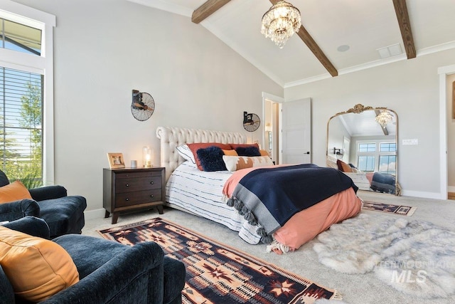 carpeted bedroom with high vaulted ceiling, beamed ceiling, a chandelier, and ornamental molding