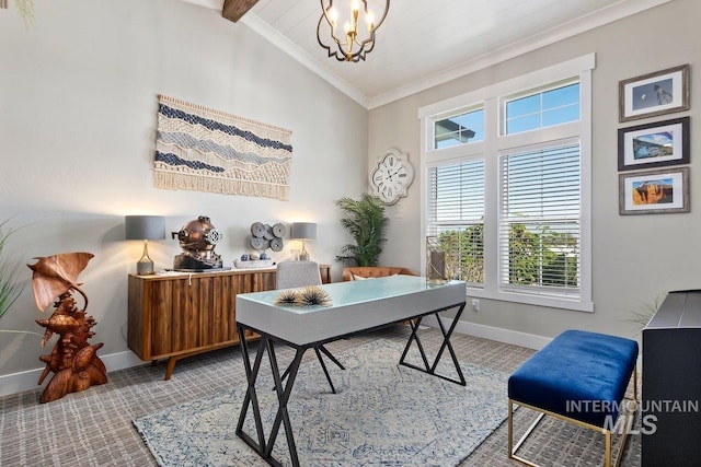 office space featuring lofted ceiling with beams, crown molding, and a chandelier