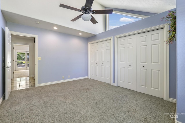 70 Pelican Dr, Rupert, ID 83350 - unfurnished bedroom featuring carpet, multiple closets, vaulted ceiling, recessed lighting, and baseboards