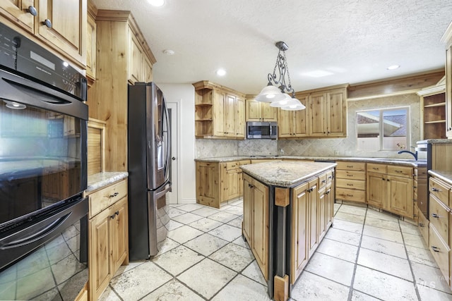 70 Pelican Dr, Rupert, ID 83350 - kitchen featuring open shelves, stainless steel appliances, backsplash, recessed lighting, and a textured ceiling
