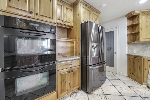 70 Pelican Dr, Rupert, ID 83350 - kitchen with stainless steel refrigerator with ice dispenser, open shelves, decorative backsplash, light stone counters, and recessed lighting