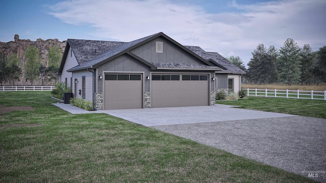 craftsman inspired home featuring a garage, central air condition unit, and a front lawn