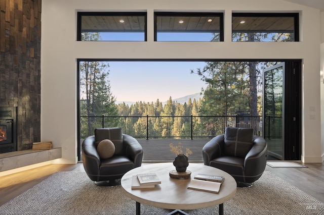 living room with wood finished floors, a towering ceiling, and a glass covered fireplace