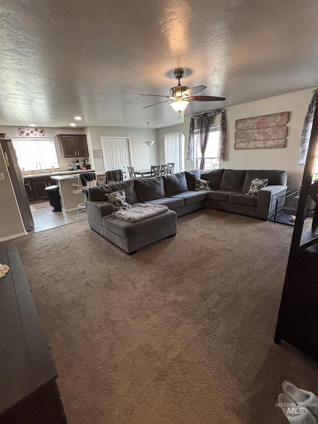 4618 Braeburn, Caldwell, ID 83607 - living area with a textured ceiling, a ceiling fan, dark colored carpet, and a healthy amount of sunlight