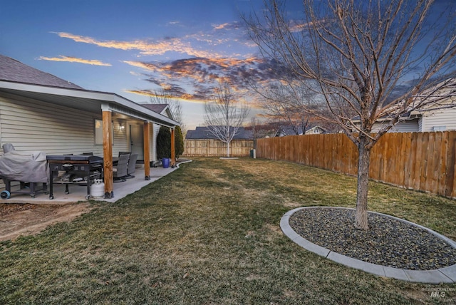 view of yard with a patio area and a fenced backyard