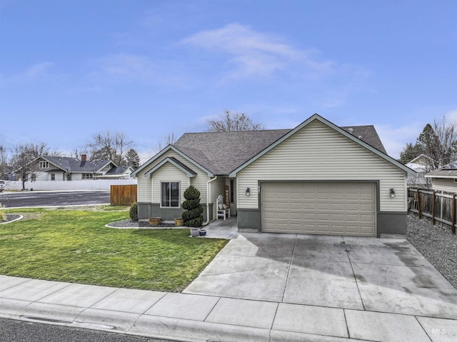 single story home featuring a garage, driveway, a front yard, and fence