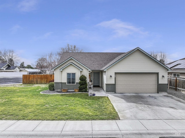 single story home featuring a front lawn, fence, a garage, and driveway