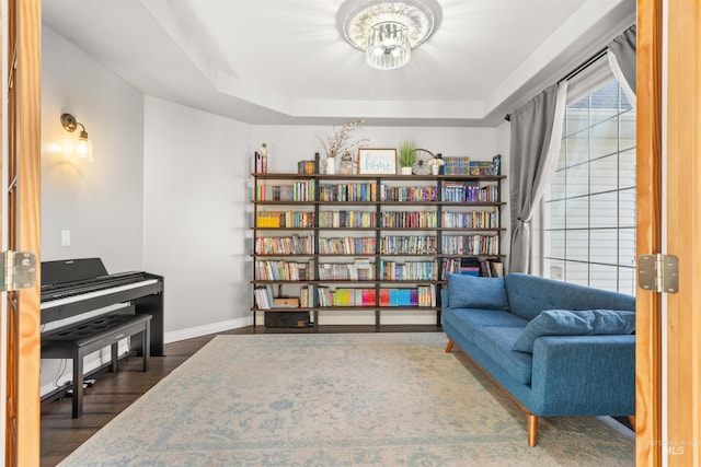 sitting room featuring dark wood-type flooring and a raised ceiling