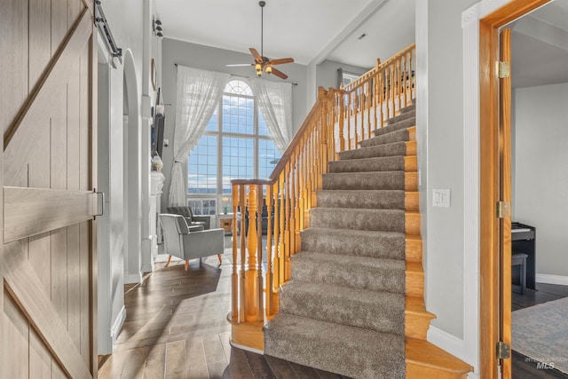 stairway featuring hardwood / wood-style flooring and ceiling fan