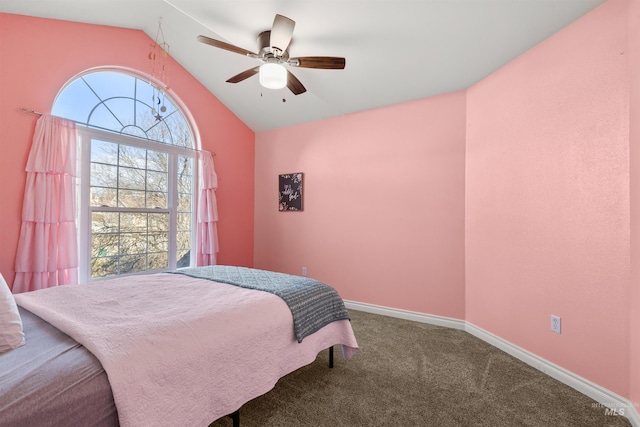 carpeted bedroom featuring ceiling fan and lofted ceiling