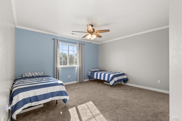 carpeted bedroom with ceiling fan and ornamental molding