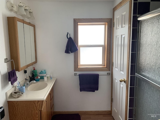 bathroom featuring vanity and wood-type flooring