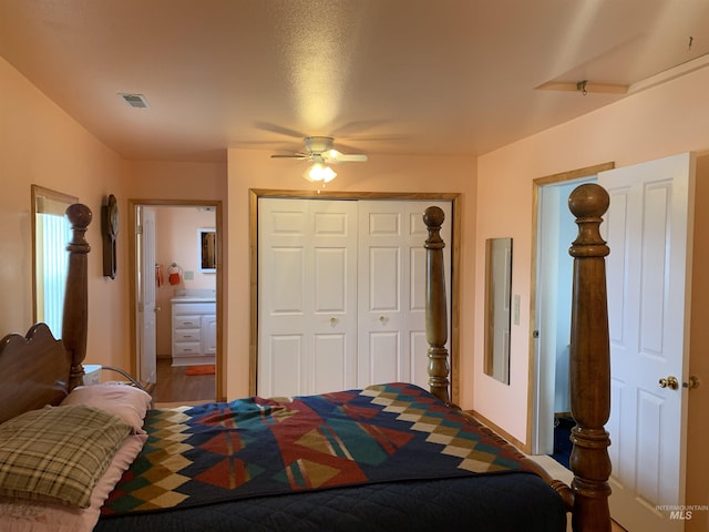 bedroom with ceiling fan and a closet