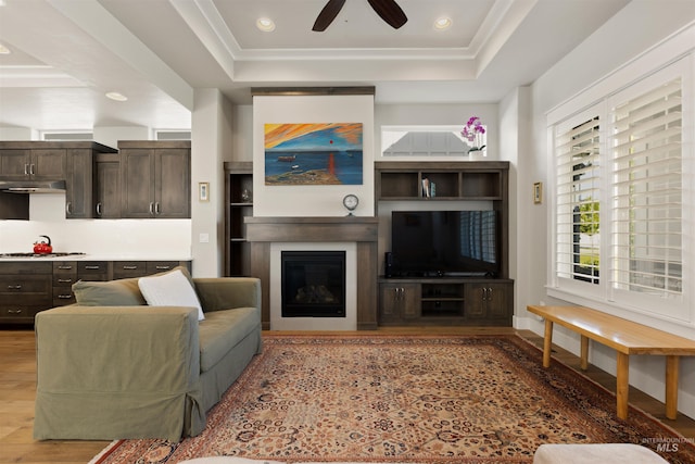 6178 N Bolsena Ln, Meridian, ID 83646 - living room featuring a tray ceiling, ceiling fan, wood finished floors, a glass covered fireplace, and recessed lighting