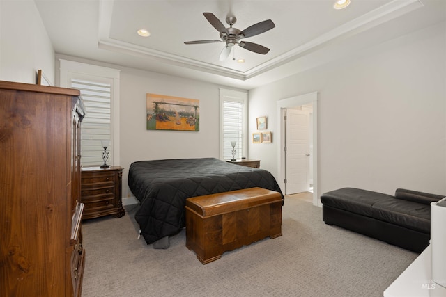 6178 N Bolsena Ln, Meridian, ID 83646 - bedroom featuring a raised ceiling, carpet, recessed lighting, and ceiling fan