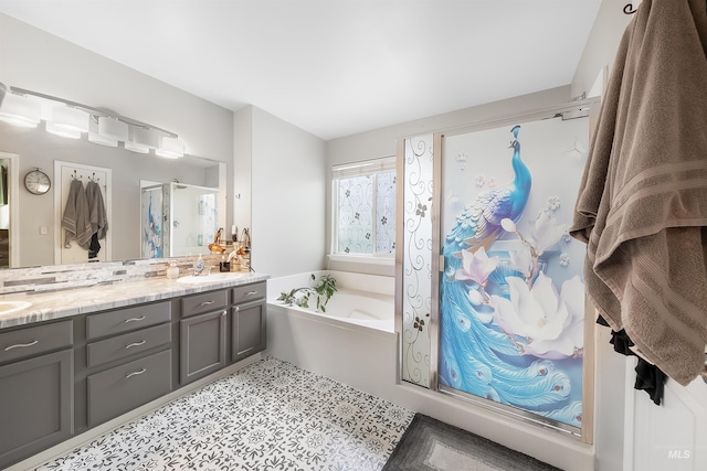 bathroom featuring tile flooring, shower with separate bathtub, and double sink vanity