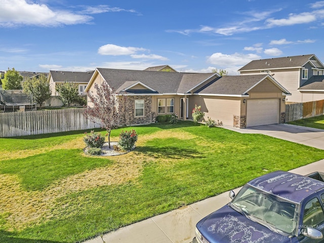 view of front facade with a garage, stone siding, concrete driveway, and fence