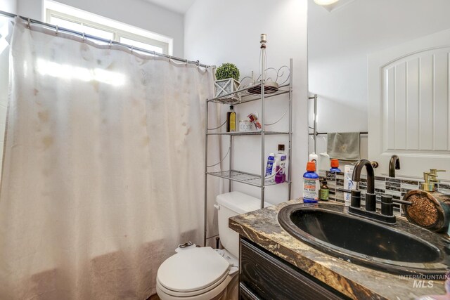 bathroom with vanity, toilet, and a shower with shower curtain