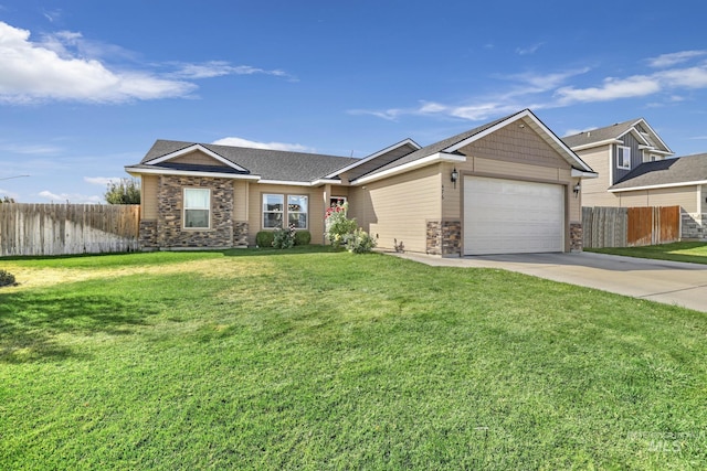 single story home featuring an attached garage, fence, and stone siding