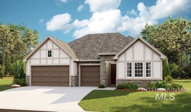 2151 N Mountain Vista Ave, Star, ID 83669 - tudor home featuring stone siding, an attached garage, a front lawn, and stucco siding