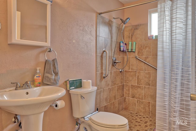 bathroom with toilet and a shower with shower curtain