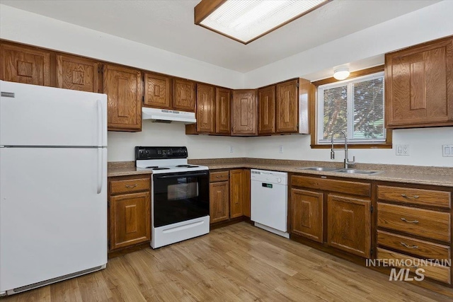 kitchen featuring white appliances, a sink, light wood-style floors, under cabinet range hood, and brown cabinets