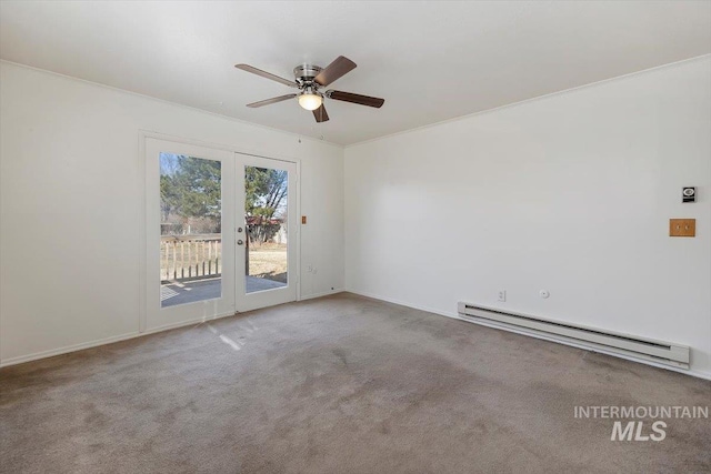 carpeted spare room with a baseboard radiator, ceiling fan, and ornamental molding