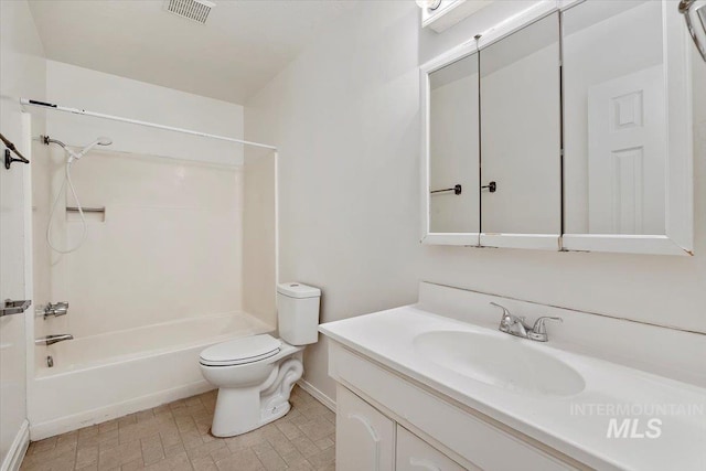 bathroom with vanity, shower / tub combination, toilet, and visible vents