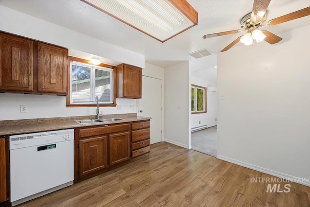 kitchen featuring visible vents, plenty of natural light, a sink, dishwasher, and light wood-type flooring