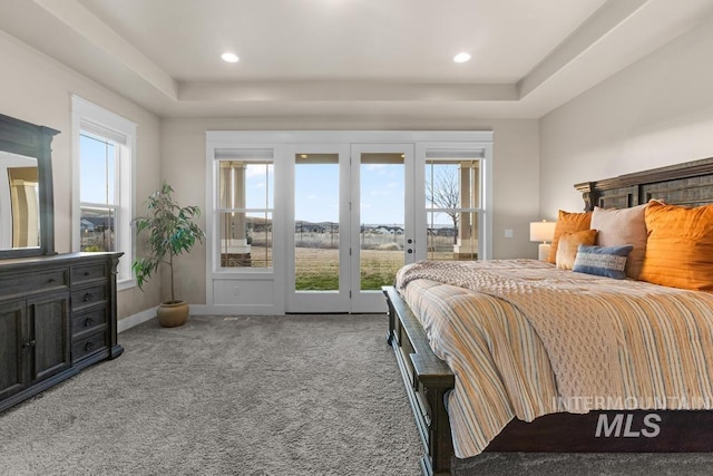 bedroom featuring a tray ceiling, multiple windows, carpet flooring, and access to outside