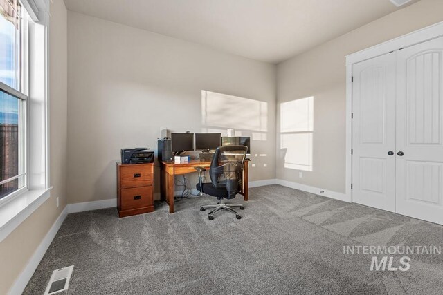 office area featuring carpet flooring, baseboards, and visible vents