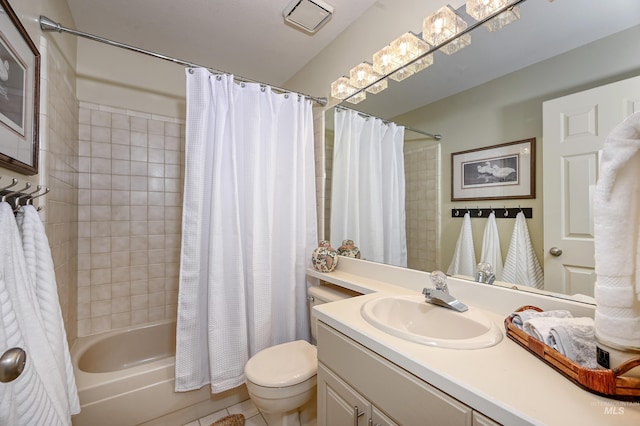 full bathroom with toilet, vanity, shower / bath combination with curtain, and tile patterned flooring