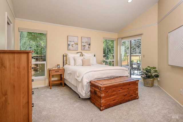 bedroom with access to outside, carpet, multiple windows, vaulted ceiling, and baseboards