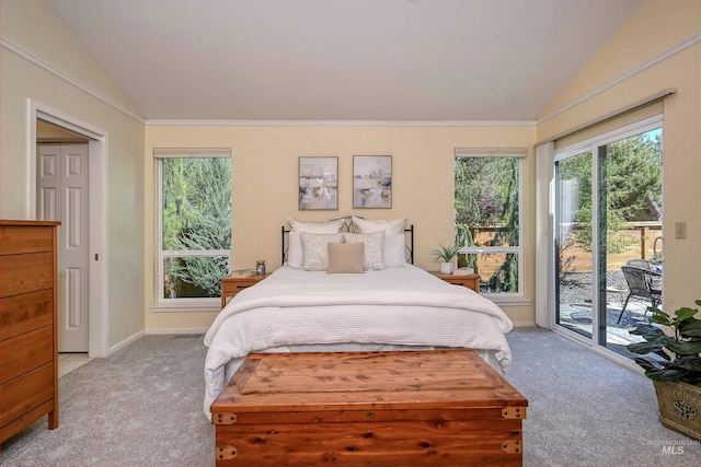 bedroom with lofted ceiling, access to exterior, light colored carpet, and baseboards