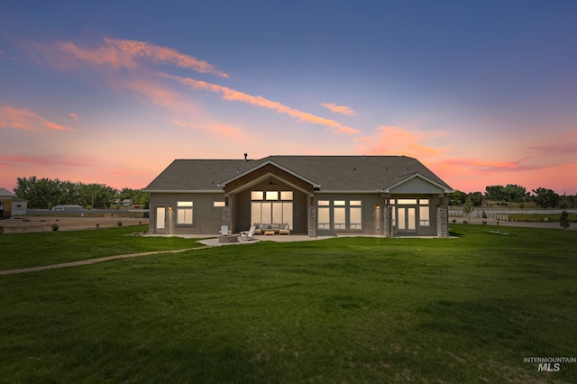 24910 Ardmore Ct, Caldwell, ID 83607 - rear view of house with a yard, french doors, a patio, and roof with shingles