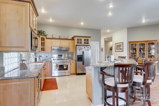 1795 W Black Canyon Hwy, Emmett, ID 83617 - kitchen with a kitchen bar, appliances with stainless steel finishes, a sink, under cabinet range hood, and recessed lighting