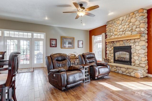 1795 W Black Canyon Hwy, Emmett, ID 83617 - living area featuring a ceiling fan, recessed lighting, wood finished floors, and a fireplace