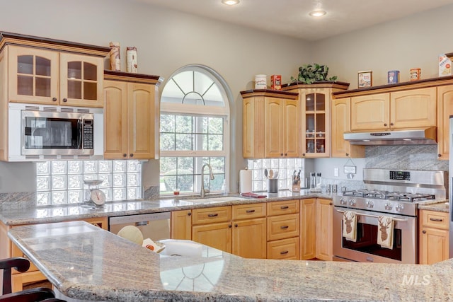 1795 W Black Canyon Hwy, Emmett, ID 83617 - kitchen with light brown cabinetry, under cabinet range hood, light stone counters, a sink, and stainless steel appliances