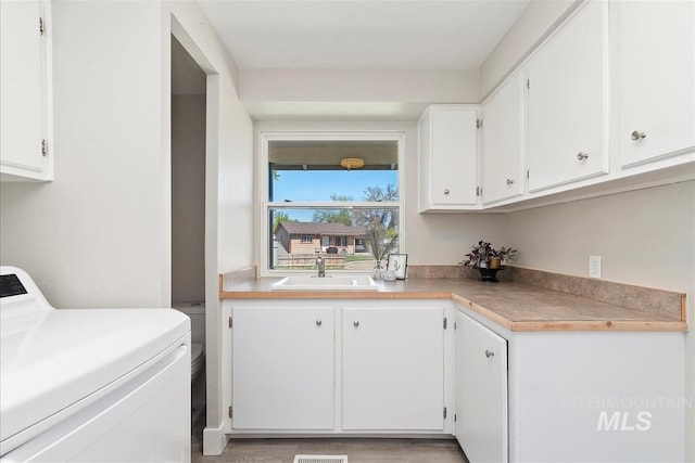 washroom featuring cabinet space, washer / dryer, and a sink