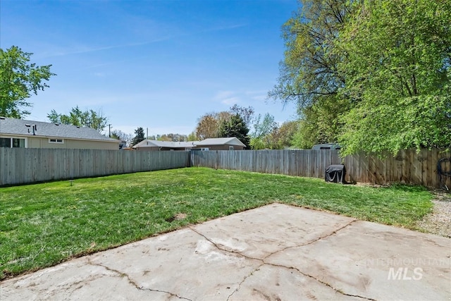 view of yard with a fenced backyard and a patio area