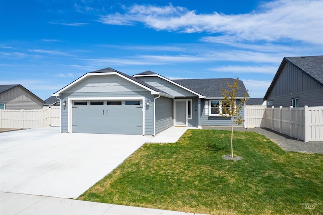 ranch-style home featuring an attached garage, driveway, and roof with shingles
