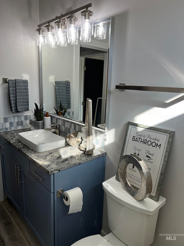 bathroom with toilet, vanity, and wood-type flooring