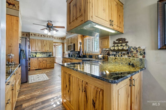 kitchen featuring appliances with stainless steel finishes, ceiling fan, dark stone counters, decorative backsplash, and dark hardwood / wood-style floors