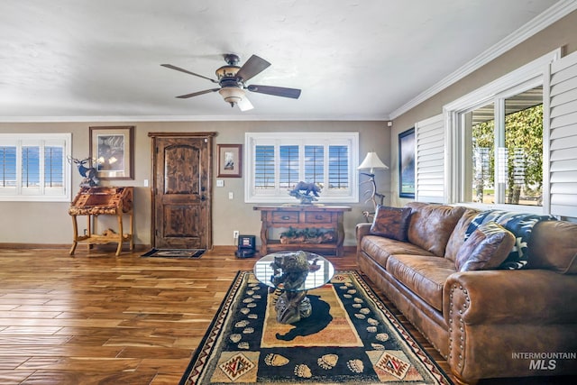 living room with ceiling fan, ornamental molding, and hardwood / wood-style floors