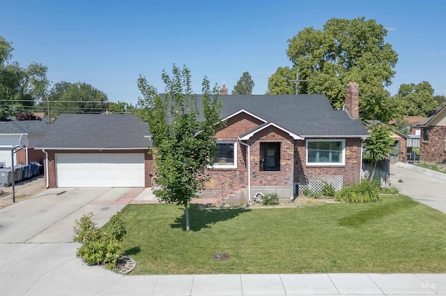 209 N Canyon St, Nampa, ID 83651 - view of front of house with driveway, a garage, a front lawn, brick siding, and a chimney