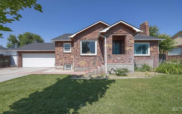 209 N Canyon St, Nampa, ID 83651 - view of front of home featuring a chimney, a front lawn, a garage, driveway, and brick siding