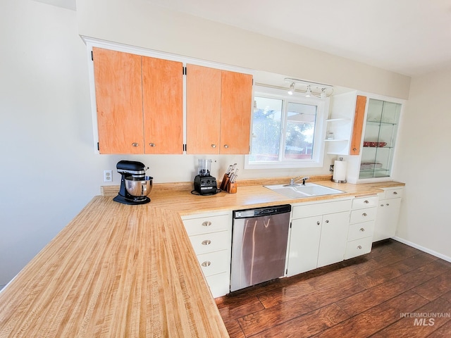 kitchen with white cabinetry, sink, dark hardwood / wood-style floors, and dishwasher